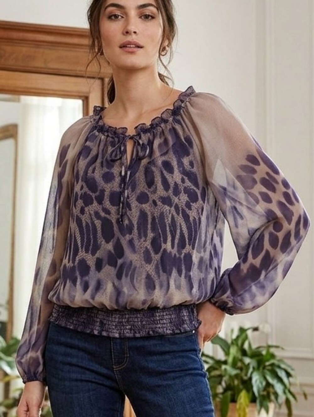 BEDO Sheer Purple and Gray Blouse